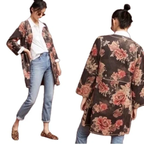 Anthropologie Solitaire Faux Suede Jacket statement piece cherry red floral - Picture 2 of 13